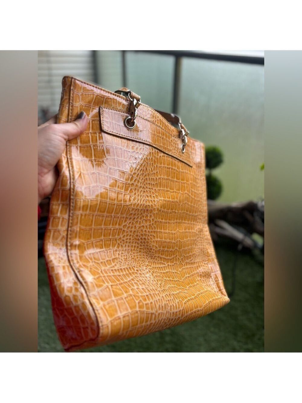 LIKE NEW Embossed Reptile Pattern Embossed Yellow Fashion Tote Bag - Picture 9 of 16